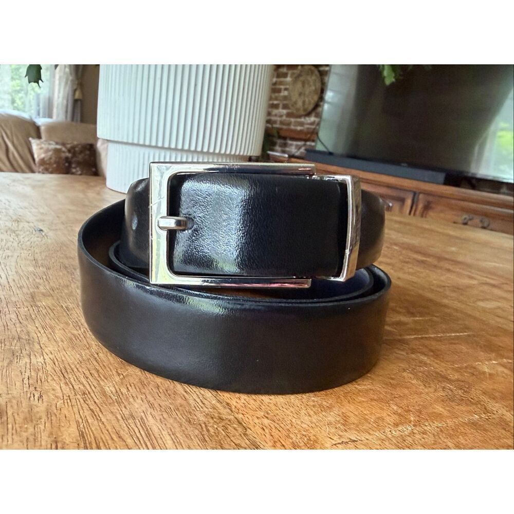 Men’s Reversible Black Navy Leather Belt Rotating Silver Buckle Dress Business